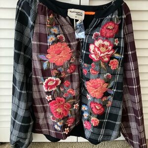NWT Savanna Jane Multicolor Embroidered Plaid Top